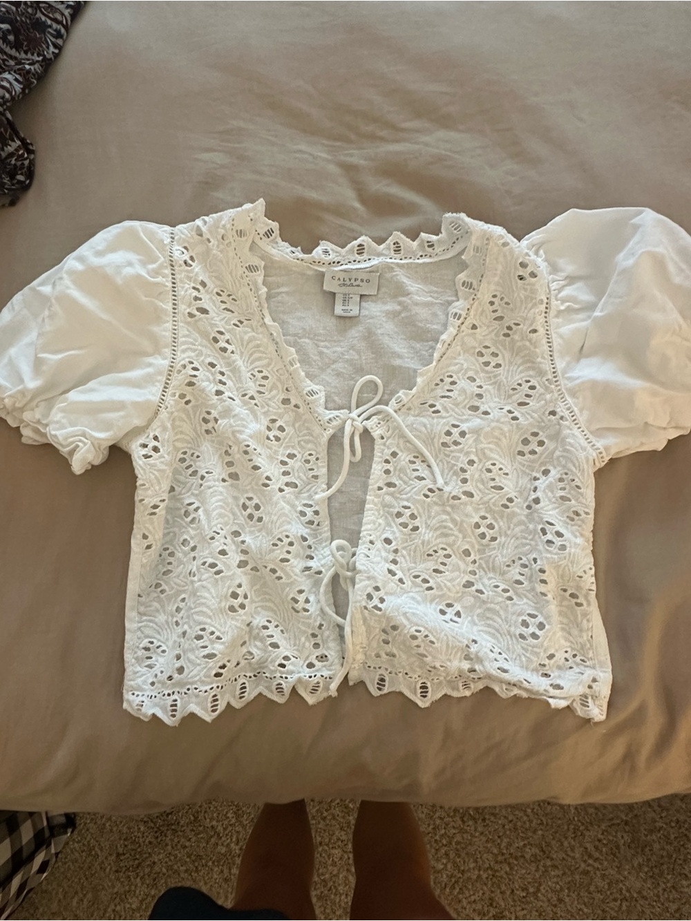Calypso St. Barth White Eyelet Tie-Front Puff Sleeve Blouse